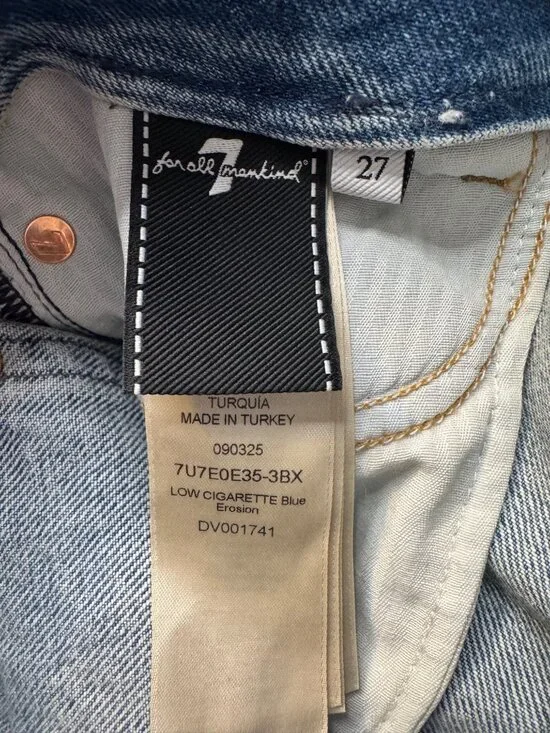 7 For All Man Kind Size 27 Low Cigarette Blue Erosion Jeans NWT $248 - Picture 5 of 15